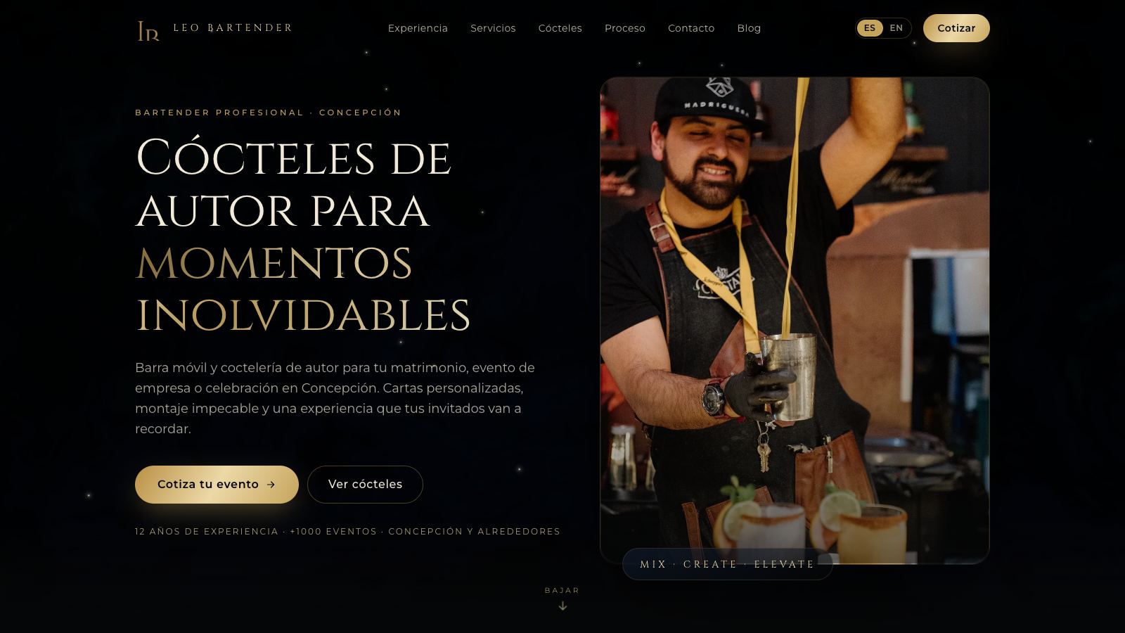 Landing page de Leo Bartender, diseñada por OzMedia en Concepción